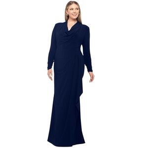 BETSY & ADAM NAVY BLUE LONG SLEEVE COWL NECK SIDE DRAPED GOWN